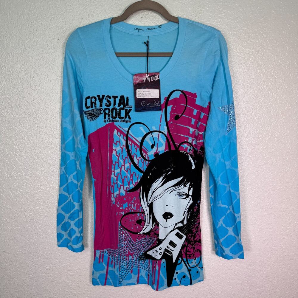 Christian Audigier Crystal Rock Y2K Shirt Women Large Rocker Girl Tee Tunic Top